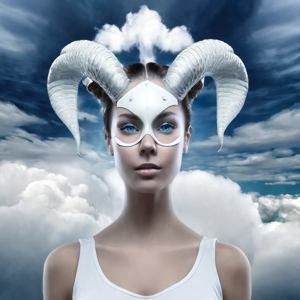 there is a woman with a goat's head in the clouds, symmetrical portrait scifi, futuristic woman portrait, an image of a beautiful cyborg, surreal portrait, surreal beautiful young woman, face made out of clouds, humanoid woman, beautiful surreal portrait, portrait of female humanoid, 3 d goddess portrait, white cyclops portrait in sky, face in the clouds
