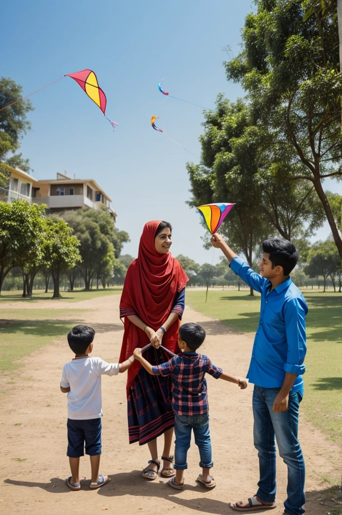 Couple and son playing kite flying. Spesk vont zakat
