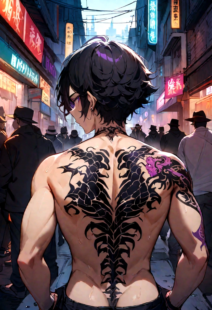 ((best quality)), ((masterpiece)), (detailed),(Cyberpunk) A boy with Short Gangsta black hair and purple eyes, showing his dragon tatto in his Back, in street with many gangster around him