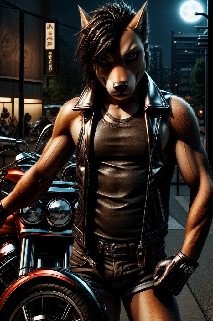 (cowboy shot), (Perfect Anatomy, top-quality, The ultra -The high-definition, high resolution, extremely detailed CG, 8K Unit Wallpapers), 20-year-old, solo, beautiful detailed eyes, black hair, short bob hair, blunt bang, (small breasts, slender body, athletic), gleaming skin, oily skin, (punk fashion, leather jacket, Tank top, micro shorts), (drive a motorcycle,Harley-Davidson), on road, Tokyo, at night
