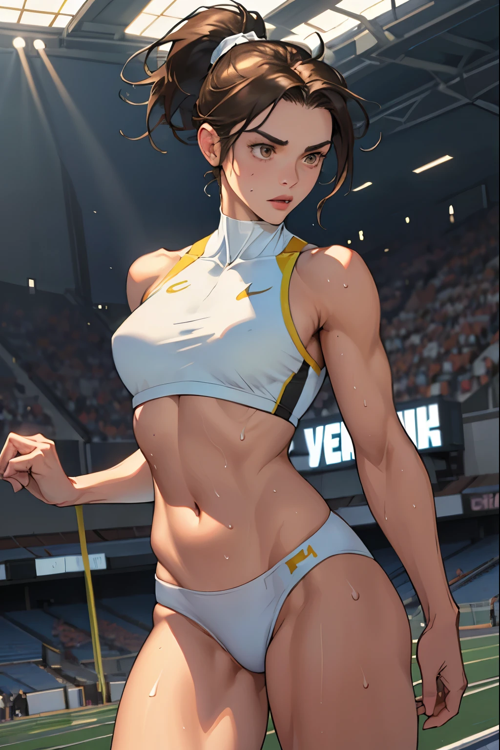 ((masterpiece)), ((Highest quality)),Ultra-high resolution, Caustics, detailed, Beautiful detailed Eyes, alone, (Athletics Stadium, Track and field athlete),Cowboy Shot,20 year old beauty、( another, High leg bloomers ,Show your belly),Slender body, Ideal body proportions,Sweat,Medium chest,Brown eyes, Medium Bob,(ponytail)Brown Hair,Painful expression、running,Flexible body,