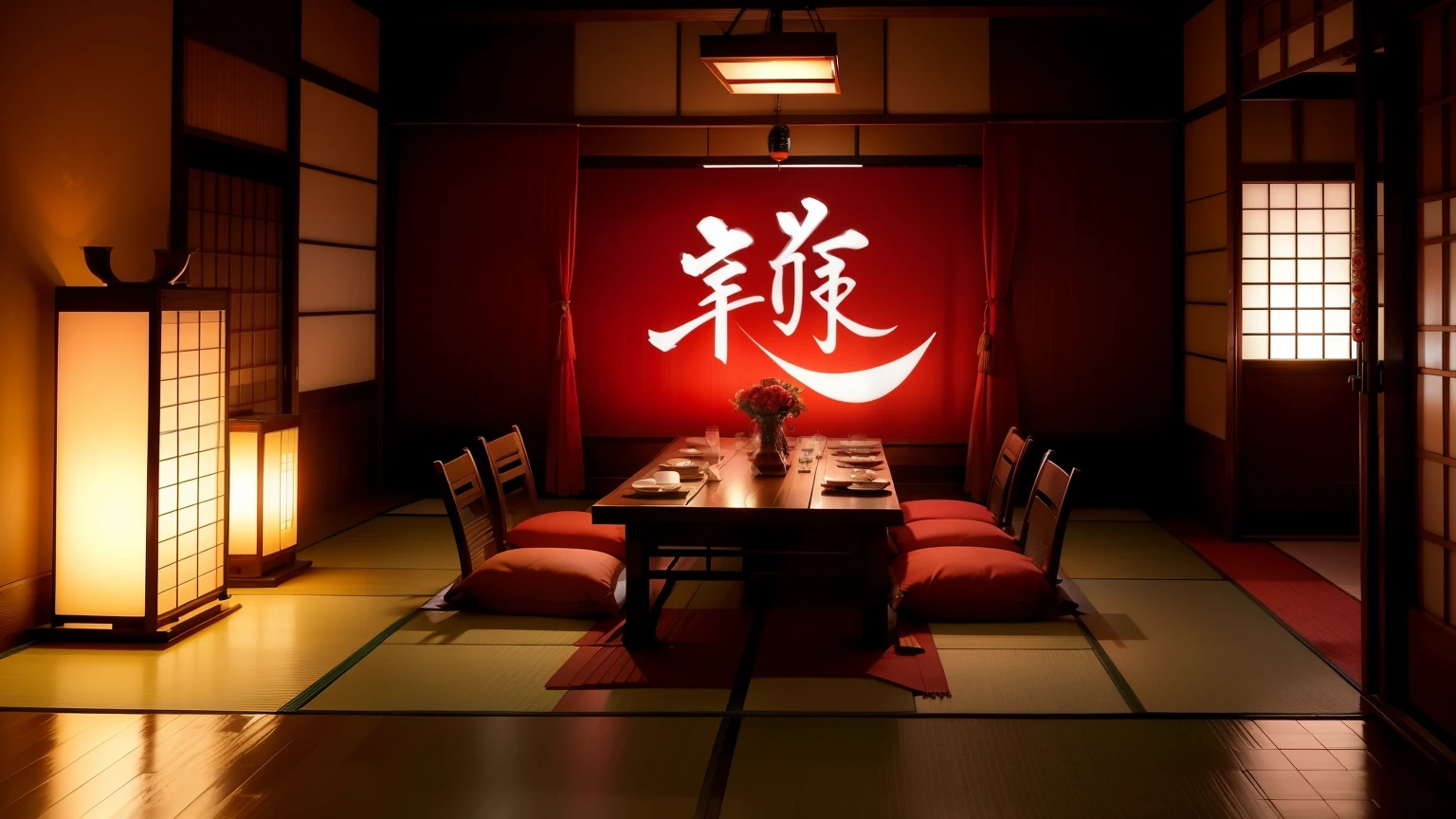 ((Different world interior scene,Japanese Izakaya Interior)),style,red light,Beautiful design,Chic,banner,image,curtain,Stowage,Flowers