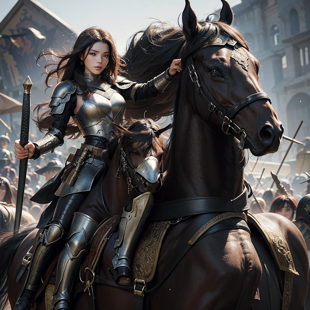 Ancient In ancient times, a huge army was riding on horses and at the front of the horse was her army husband, whose only eyes were visible and he looked very powerful and near him was He has a sword and is fully clad in black armor.