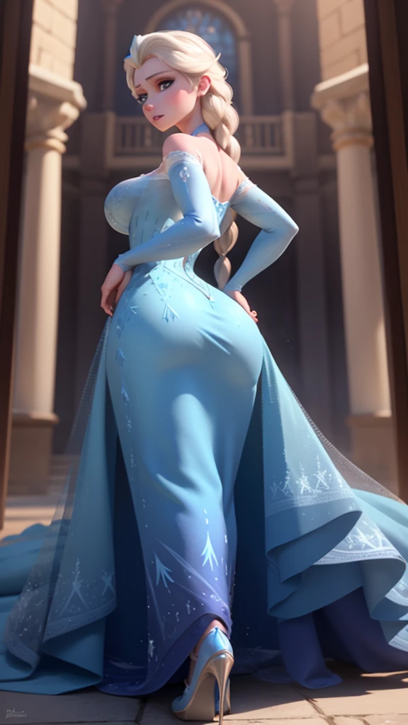 elsa of arendelle, beautiful face, detailed face, long tight blue dress, hands on hips, big breasts, big round ass, (back facing camera), full body, hot, standing in a castle, high quality, detailed , exposed legs , hot ass