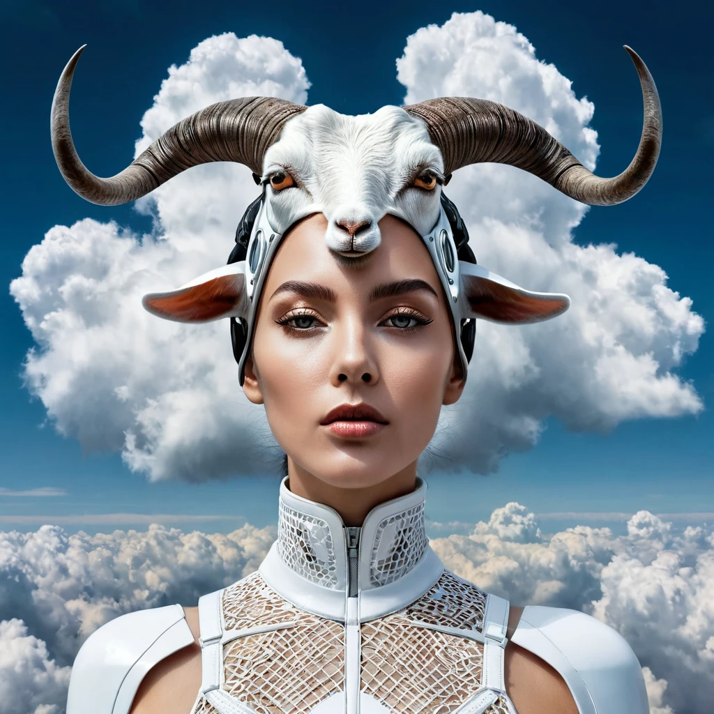 there is a woman with a goat's head in the clouds, digital art by Zoran Mušič, pexels contest winner, digital art, symmetrical portrait scifi, futuristic woman portrait, an image of a beautiful cyborg, surreal portrait, surreal beautiful young woman, face made out of clouds, humanoid woman, beautiful surreal portrait