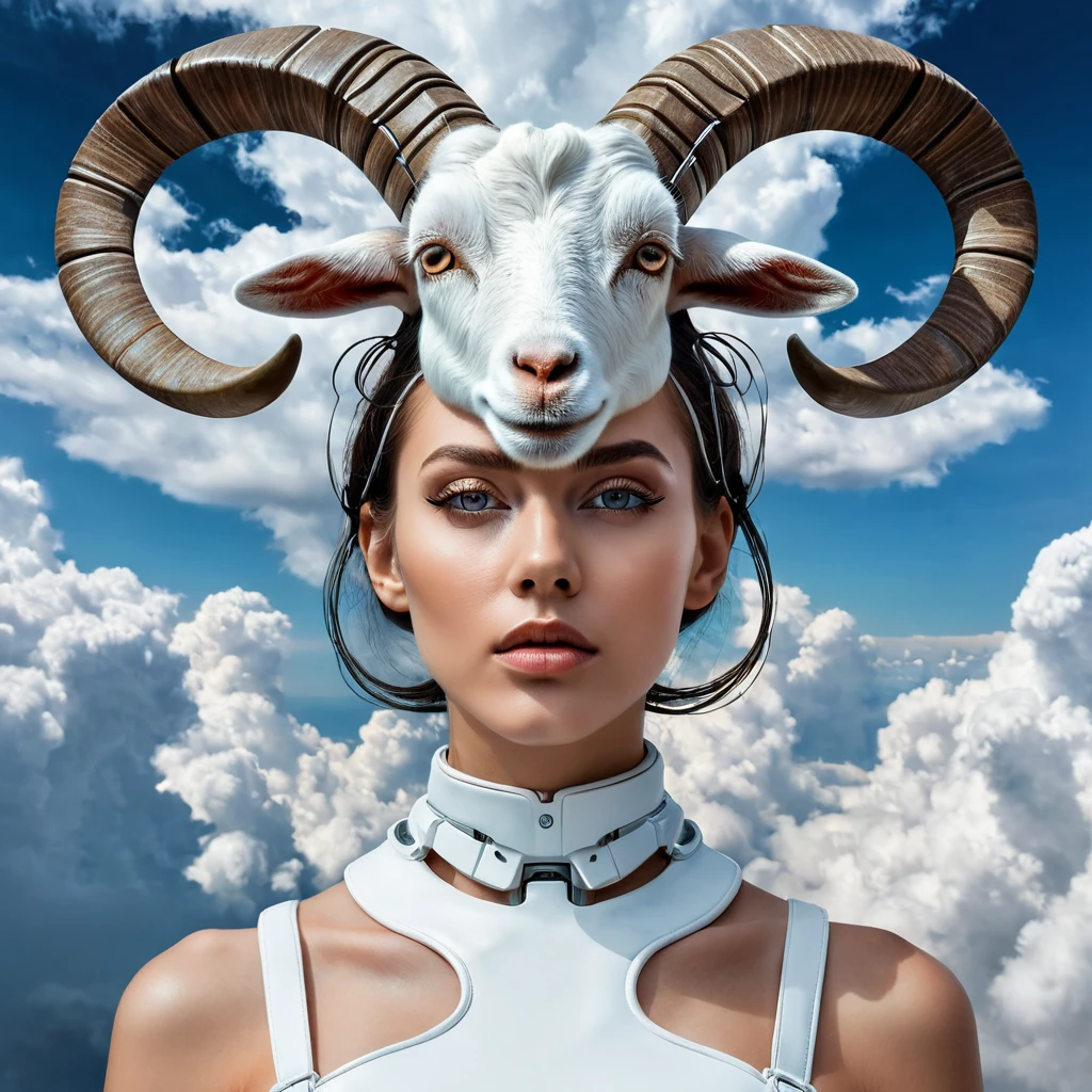 there is a woman with a goat's head in the clouds, digital art by Zoran Mušič, pexels contest winner, digital art, symmetrical portrait scifi, futuristic woman portrait, an image of a beautiful cyborg, surreal portrait, surreal beautiful young woman, face made out of clouds, humanoid woman, beautiful surreal portrait