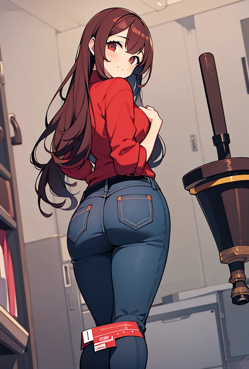 Same girl, red dress, jeans, plunger, stuck, plunger stuck on her butt, big butt