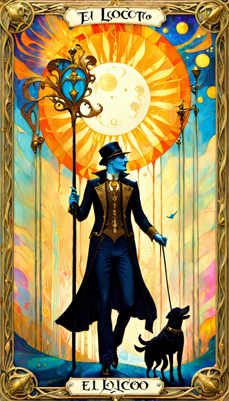tarot card, the fool, happy man next to a dog walks with a bag tied to a stick, bright sun, tarot card frames ((text on card: "EL LOCO")) (art inspired by Bill Sienkiewicz). bright colors, oil painting)