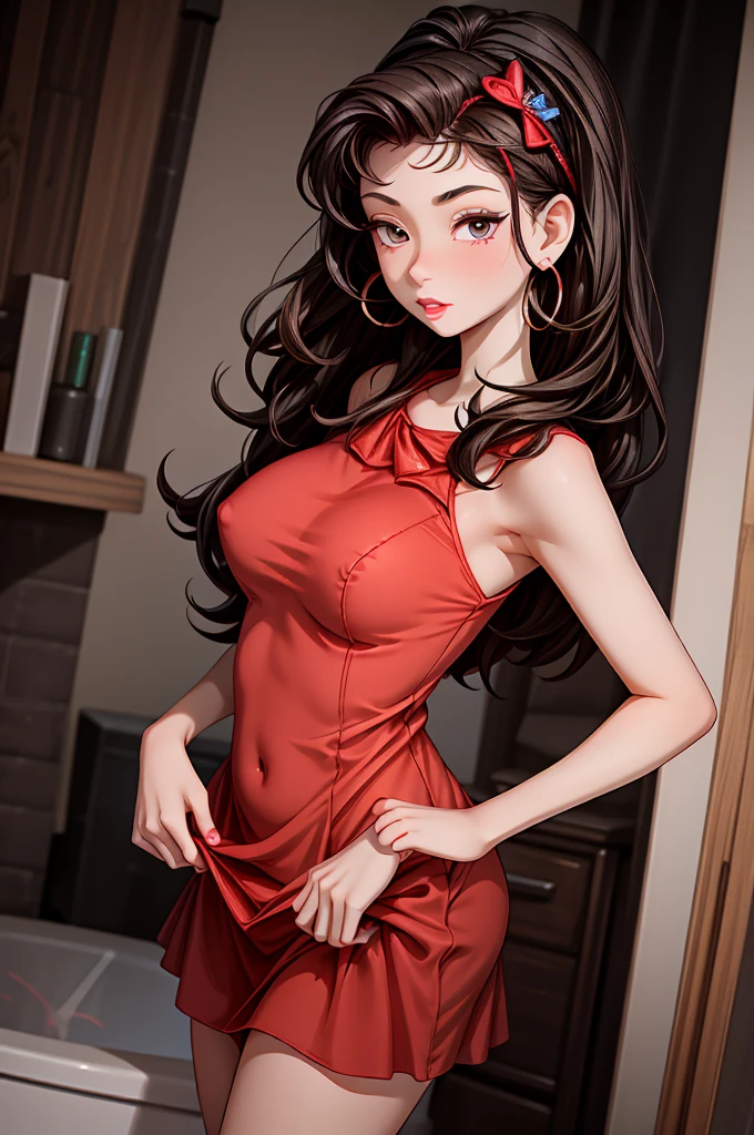 (8K HDR photorealistic pic), Betty Boop, short, althetic, curvy lady, ((tight little red dress)), dark eyebrows, black lipstick, (hoop earrings), dark eyeshadow, black lipstick, curvy, busty, (curly short black hair), shortstack, (retroussé breasts), darling figure, (supple pouting breasts), firm thighs, hourglass figure, kerchief, big brown eyes, dancing seductively