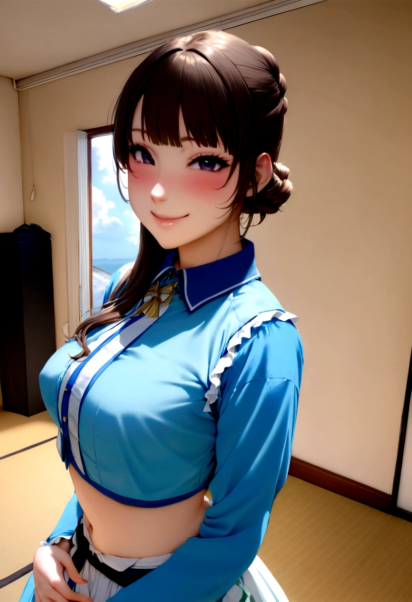 There is a woman taking a picture wearing a blue shirt, realistic Young Gravure Idol, Young and cute gravure idol, Japanese Goddess, Japanese Model, tits, Young and sexy gravure idol, Friendly and seductive smile, Cute seductive smile, Cute smile, Perfect expression, Yoshitomo Nara, Young Gravure Idol, Teasing Smile