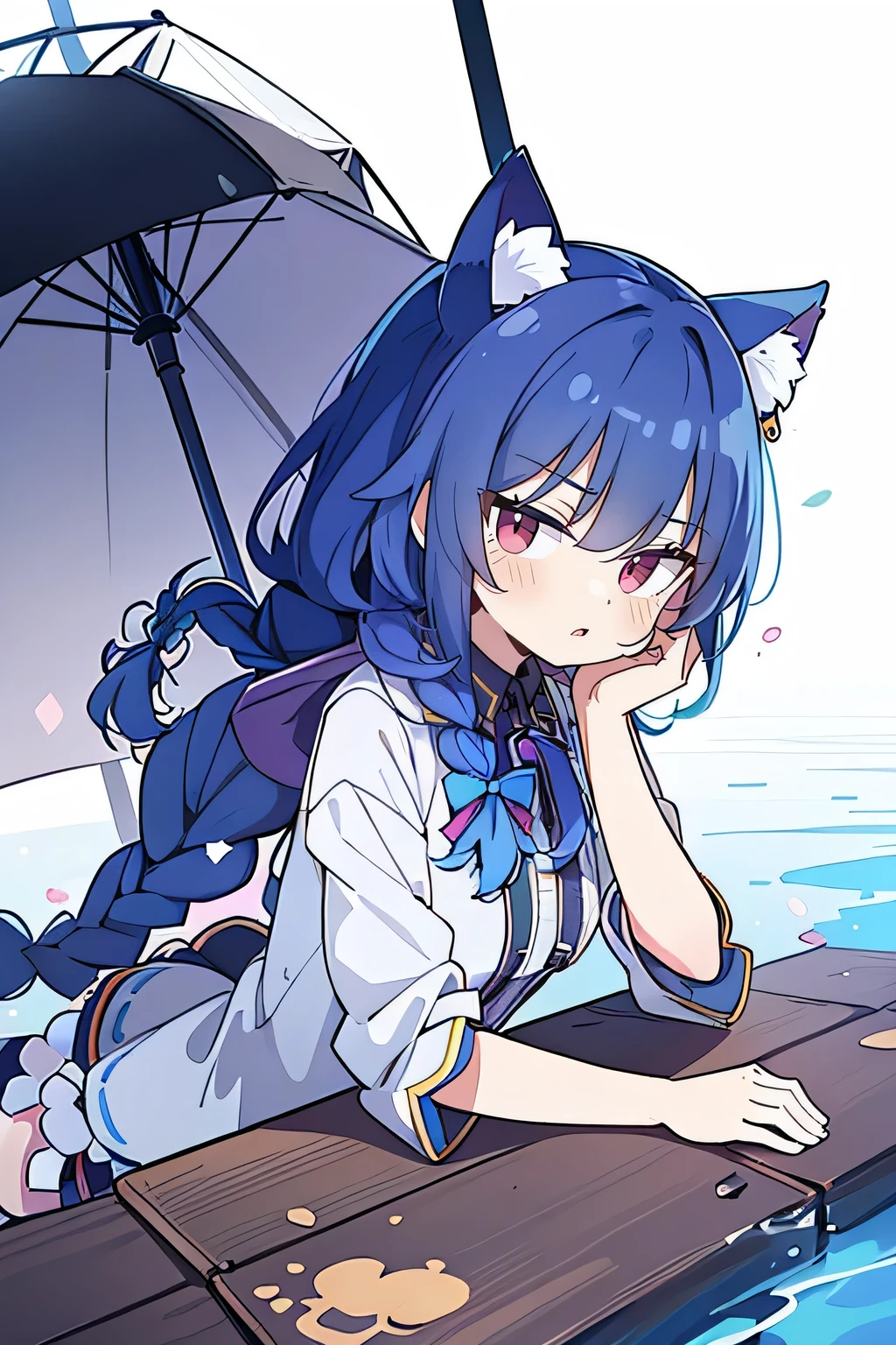 (masterpiece:1.2),Super detailed,lifelike,Expressive eyes,fair skin,perfect face shape,1 girl,
Japanese comics,Gorgeous blue hair,flowing blue hair,flowing clothes,Cat ears,Petals fall,beautiful lola,Baby Angel,
Shaking head with one hand,Cross your legs,Gentle and peaceful background,The pavilion is cool and comfortable,smile, wearing hoodie, background of tokyo,back views,snowing, winter,lie on the water.(Best Quality: 1.3), (Masterpiece: 1.3), (Illustration: 1.3), (Ultra Detailed: 1.3), (Imide Lens: 0.9), 1girl, Medium Breasts, Purple Eyes, ((Dark Blue Hair) ), hair accessories, young, clothing-gladiia, long hair, dark blue hair, indoors, black shorts, high socks, low ponytail, expressionless, upper body, close-up, coat, skirt,fgo style,like \(destiny\), like Adult, hair length, underwear, masterpiece, Top quality, 1 Girl, looking at the audience,(((braid)))、shameful face、Embarrassed face、Long body、huge 、