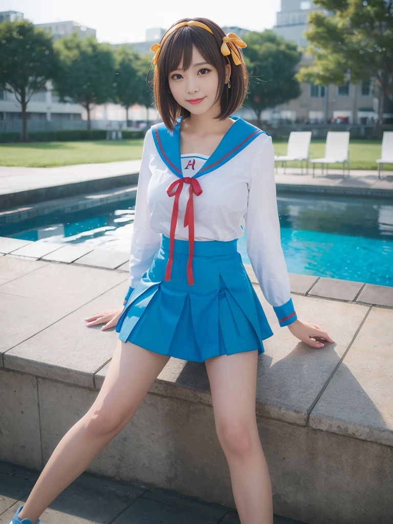 (alone:1.5),Light brown short-cut hair、Big Breasts:1.5、looking at the camera、A big smile、((((whole body))))、Top image quality、超A high resolution、(photographrealistic:1.4)、 AccentLighting, 8K, japanese, (Beautiful face: 1.1),(50 years old:1.3)、(photorealistic photos:1.2)、At 8K、haruhi_surfing, white long sleeve shirt and blue collar, micro mini skirt,blue skirt, red tie, yellow ribbon, pretty girl, Pool
