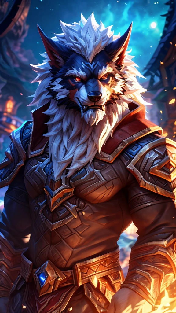 4K, high resolution, best quality, Perfect color, Perfect shadow, Perfect lighting, Posted on e621 (patto art style), arms, Furry Art!!!, Detailed fan art, Official Fanart, high quality fanart, World of Warcraft同人画, fursona Furry Art commission, very very beautiful Furry Art, Furry Art, Furry anime, high resolution佣金, fursona art, World of Warcraft风格, wallpaper, Detailed key animation art, Strong, Full body portrait, panoramic, (Realistic eye details: 1:2), High Detail, high quality, The award-winning, HD, 16K, (best quality,4K,8K,high resolution,masterpiece:1.2),Extremely detailed,Practical:1.37,HDR,UHD,Studio Lighting,Extremely detailed的描述,professional,Bright colors,Bokeh,Active atmosphere, Natural Lighting，Reference Blizzard Games《World of Warcraft》Genn Greymane，Werewolf，Absolutely pure white hair