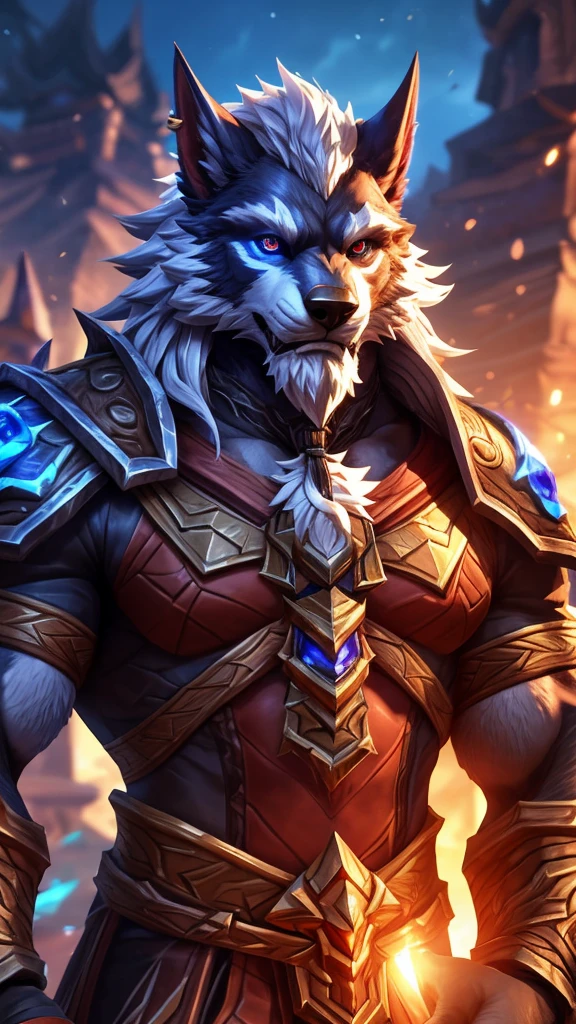 4K, high resolution, best quality, Perfect color, Perfect shadow, Perfect lighting, Posted on e621 (patto art style), arms, Furry Art!!!, Detailed fan art, Official Fanart, high quality fanart, World of Warcraft同人画, fursona Furry Art commission, very very beautiful Furry Art, Furry Art, Furry anime, high resolution佣金, fursona art, World of Warcraft风格, wallpaper, Detailed key animation art, Strong, Full body portrait, panoramic, (Realistic eye details: 1:2), High Detail, high quality, The award-winning, HD, 16K, (best quality,4K,8K,high resolution,masterpiece:1.2),Extremely detailed,Practical:1.37,HDR,UHD,Studio Lighting,Extremely detailed的描述,professional,Bright colors,Bokeh,Active atmosphere, Natural Lighting，Reference Blizzard Games《World of Warcraft》Genn Greymane，Werewolf，Absolutely pure white hair