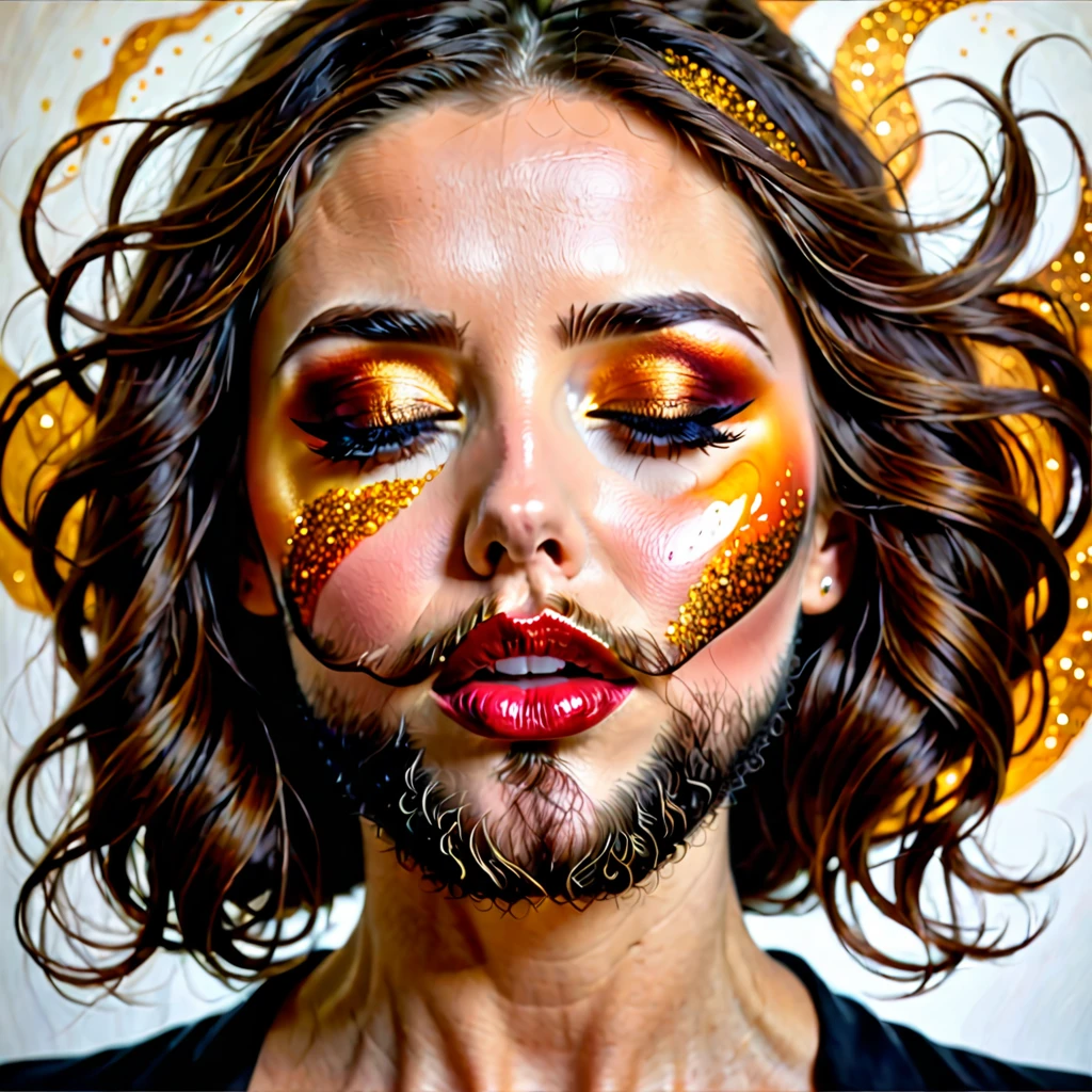 bearded bearded woman, brown hair, amber eyes, kisses the void with her mouth, eyes closed