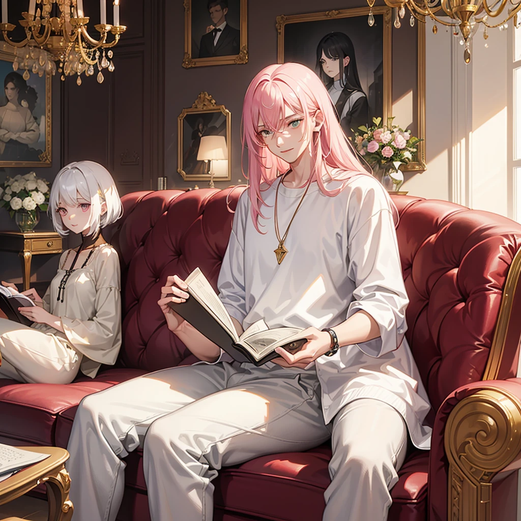 In a modern living room, bathed in sunlight streaming through open curtains, a young man and a young woman sit together on a comfortable sofa. The man has striking features: white hair, glimmering yellow eyes, and a slender build. He wears a crisp white shirt paired with white jogging pants, and holds a meticulously detailed smartphone, his expression warm and smiling. Across from him, the woman captivates with her long pink hair and matching pink eyes, dressed in a pink shirt and jeans. She is engrossed in a green book, her attention entirely absorbed to the book.

The scene is a masterpiece of artistic detail, characterized by top-quality animation. Both characters possess expressive eyes, flawless faces, and hands with perfect anatomical detail, down to their fingers. The setting complements their modern aesthetic, with meticulously designed furnishings and decorations enhancing the modern ambiance of the room.