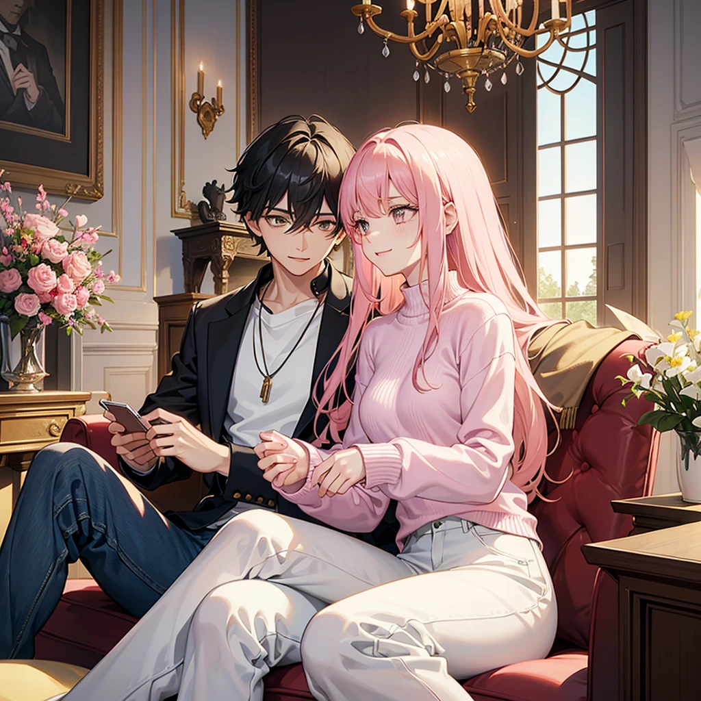 In a modern living room, bathed in sunlight streaming through open curtains, a young man and a young woman sit together on a comfortable sofa. The man has striking features: white hair, glimmering yellow eyes, and a slender build. He wears a crisp white shirt paired with white jogging pants, and holds a meticulously detailed smartphone, his expression warm and smiling. Across from him, the woman captivates with her long pink hair and matching pink eyes, dressed in a pink shirt and jeans. She is engrossed in a green book, her attention entirely absorbed to the book.
The scene is a masterpiece of artistic detail, characterized by top-quality animation. Both characters possess expressive eyes, flawless faces, and hands with perfect anatomical detail, down to their fingers. The setting complements their modern aesthetic, with meticulously designed furnishings and decorations enhancing the modern ambiance of the room.