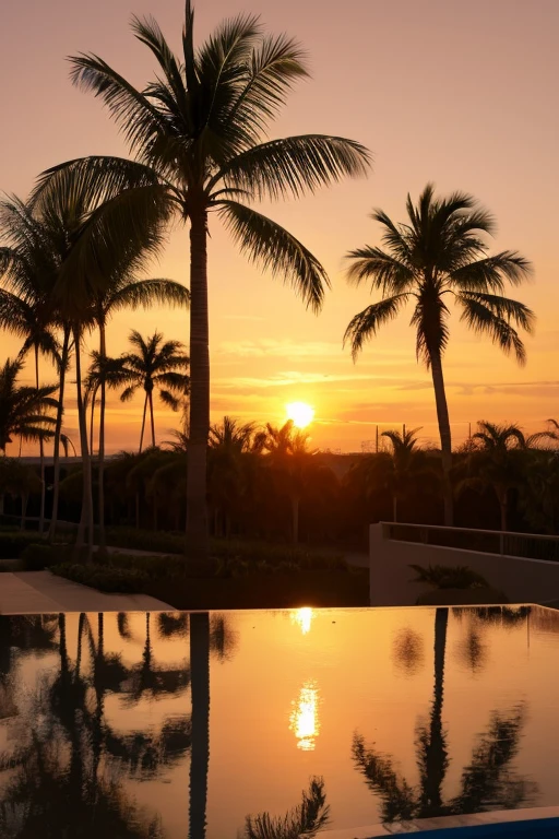 Sunset sun center palm tree