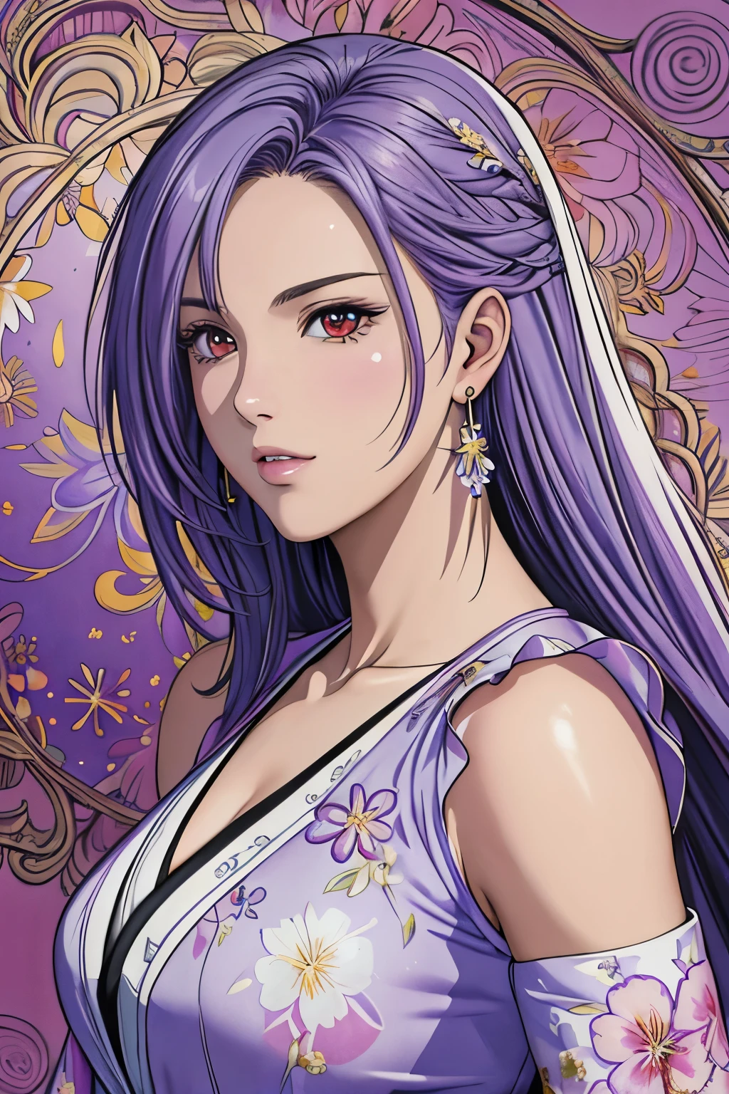 (​masterpiece, top-quality, top-quality, Official art, Beautifully Aesthetic:1.2), red eyes, (highest quality, masterpiece painting:1.3), immature woman, 16 years old, (half body shot), masterpiece, ultra high resolution, (((Flower frame, A lot of flowers in the frame, round frame, A beautiful girl fits into the frame))), Decorative panel, abstract art, (shot from a side angle), (Photoreal:1.0), ((light purple hair)),straight hair, beautiful shining hair, white and shining skin, Painterly, sketch, Texture, 超A high resolution, solo, Beautuful Women, A highly detailed, (Fractal Art:1.1), (colourfull:1.1), (florals:1.6), The most detailed, (Zentangle:1.2), (Dynamic Poses), (Abstract background:1.3), (shinny skin), (Many colors:0.8), (earrings:1.4), (pluma:0.9), Taisho romance