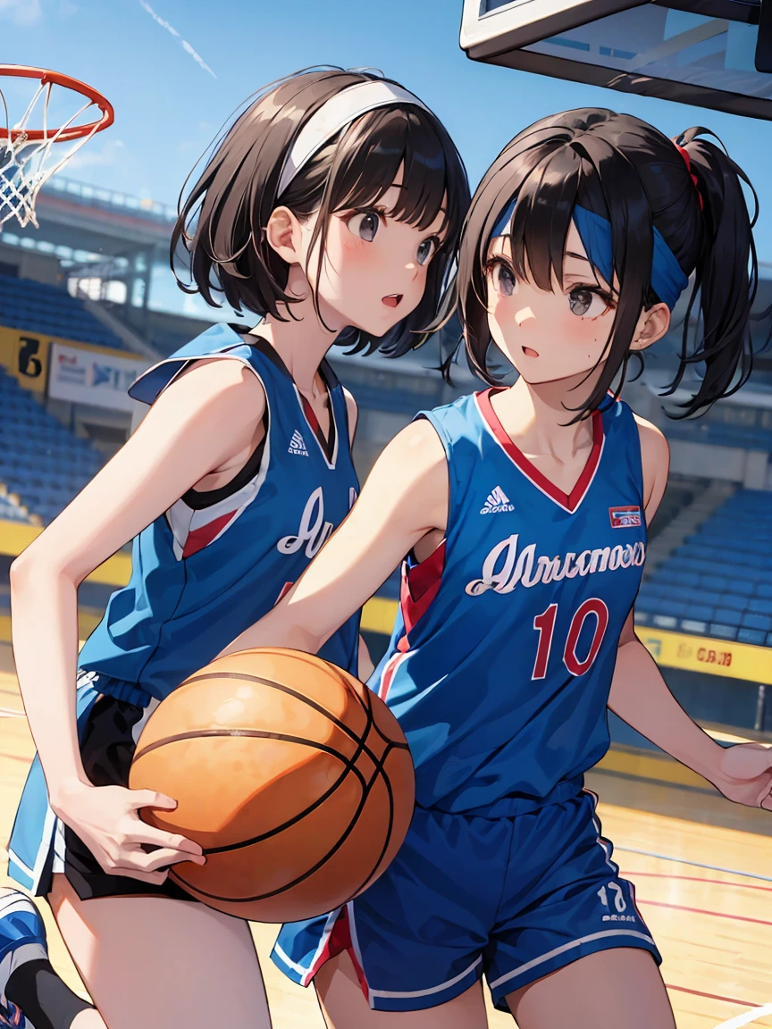in a girl、funny、dress,(small breasts ) , short black hair, black eyes, playing basketball, blue sleeveless t-shirt with the number 10 on the chest and back, Matching shorts with a white line design on the sides, white sports shoes with blue details, white knee high socks, blue headband