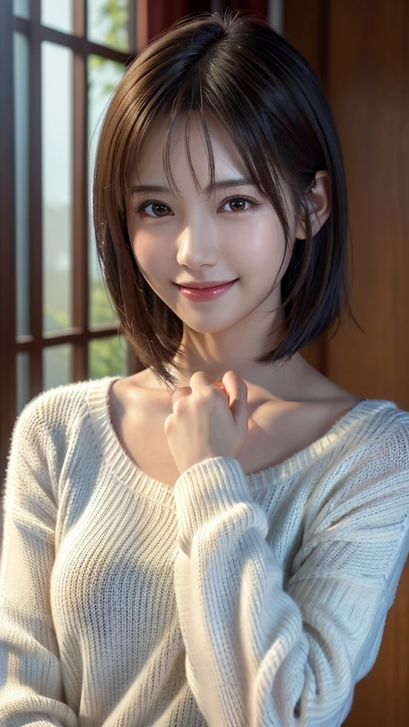 1 Japanese girl,(White sweater:1.4), (RAW Photos, highest quality), (Realistic, Photorealistic:1.4), Tabletop, Very delicate and beautiful, Very detailed, 8k wallpaper, wonderful, In detail, Very detailedなCG Unity, High resolution, Soft Light, Beautiful Details 19 years old, Very detailedな目と顔, Beautifully detailed nose, Beautiful fine details,Cinema Lighting,Perfect Anatomy,Slender body,smile  (Asymmetrical bangs,)