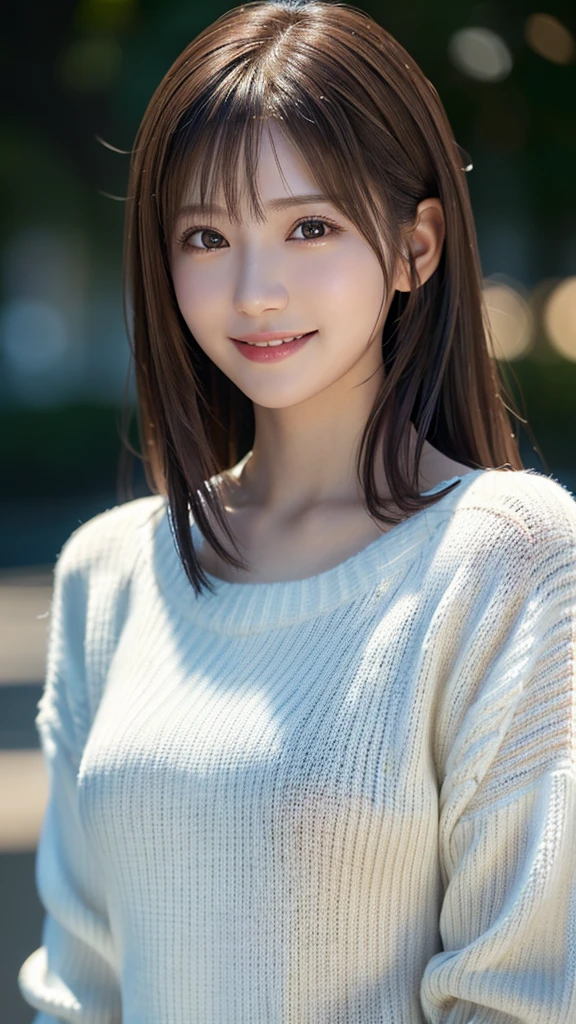 1 Japanese girl,(White sweater:1.4), (RAW Photos, highest quality), (Realistic, Photorealistic:1.4), Tabletop, Very delicate and beautiful, Very detailed, 8k wallpaper, wonderful, In detail, Very detailedなCG Unity, High resolution, Soft Light, Beautiful Details 19 years old, Very detailedな目と顔, Beautifully detailed nose, Beautiful fine details,Cinema Lighting,Perfect Anatomy,Slender body,smile  (Asymmetrical bangs,)