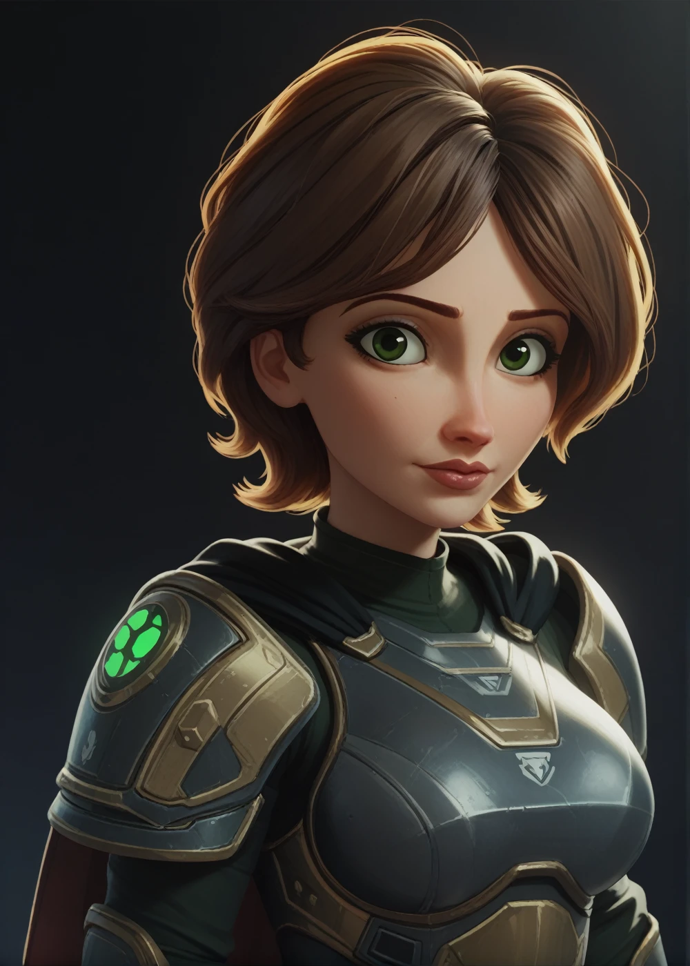 Portrait, upper body, dark background, cass, brown hair, solo, short hair, looking at viewer, large breasts, green eyes, lips, armor, gloves, cape, science fiction, score_9, score_8_up, score_7_up, score_6_up,