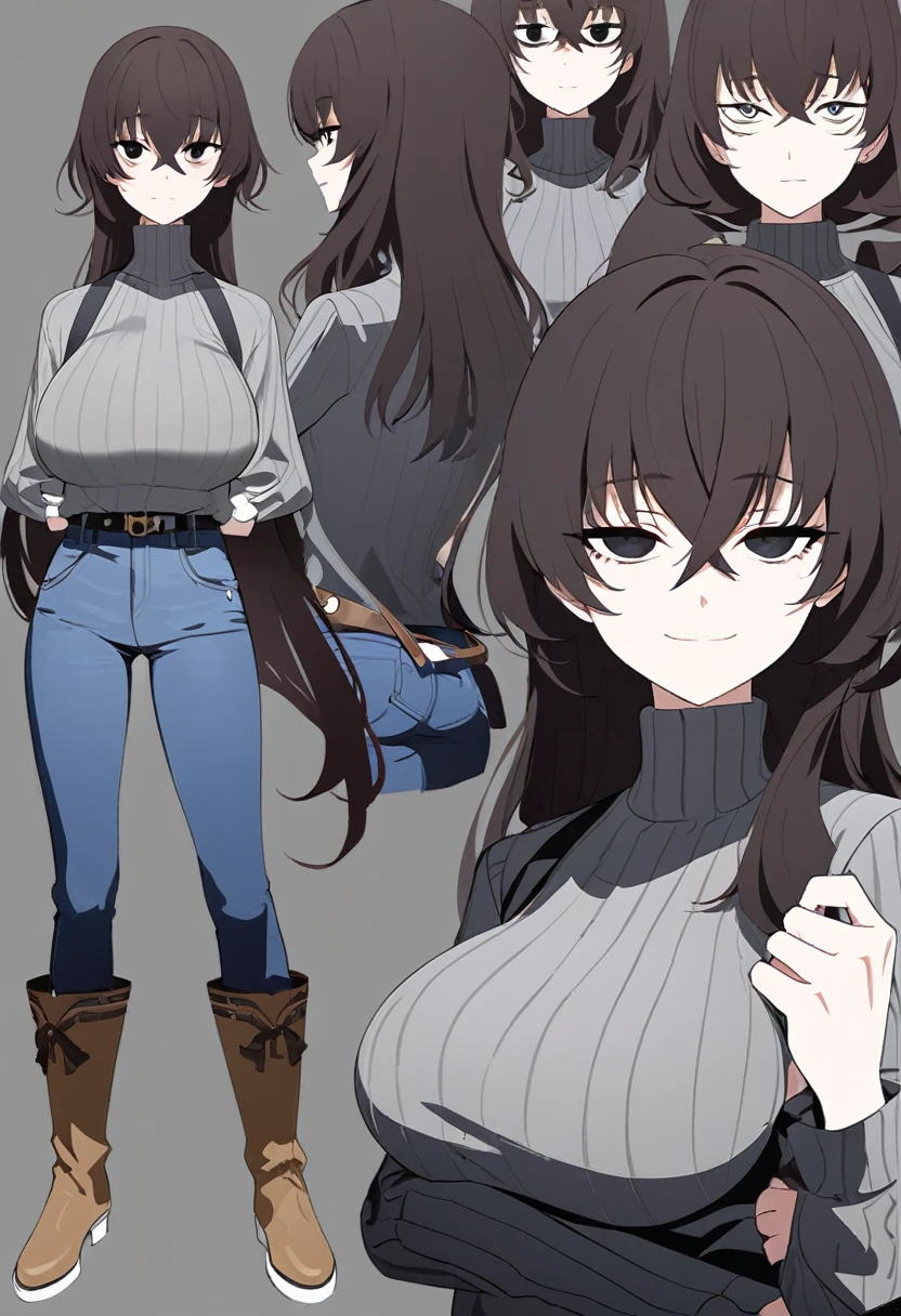 One Woman,Downer,older sister,Concept Art,Dark brown hair,Straight hair with slight inward curls,Staring eyes,Eye Ridge,black eye,Crossed bangs,whole body,smile,Larger breasts,Gray background,Bangs that reach down to the eyes,Messy hair,Tight dark jeans,Gray turtleneck sweater,Multiple views of the same character,Character Design,Dark circles under the eyes,Bad look,Listless,Sloppy,Silver Jewelry,Cafe staff,whole bodyCharacter Design,Detailed hands,Height: 170cm,boots,