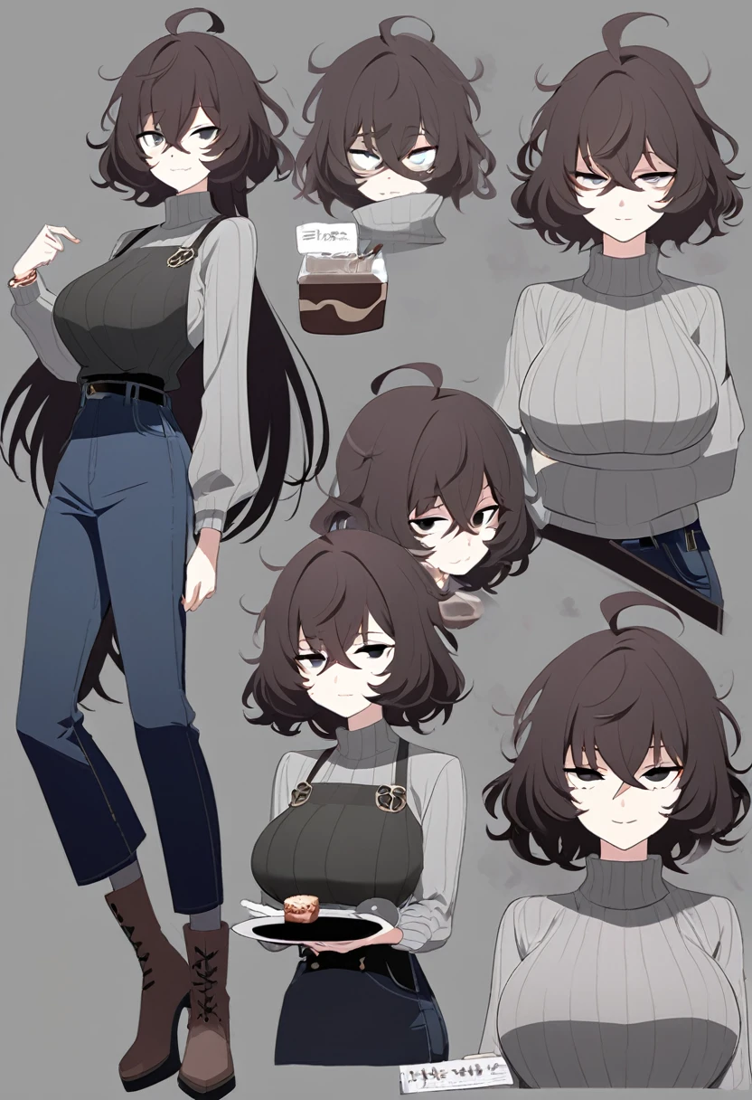 One Woman,Downer,older sister,Concept Art,Dark brown hair,Straight hair with slight inward curls,Staring eyes,Eye Ridge,black eye,Crossed bangs,whole body,smile,Larger breasts,Gray background,Bangs that reach down to the eyes,Messy hair,Tight dark jeans,Gray turtleneck sweater,Multiple views of the same character,Character Design,Dark circles under the eyes,Bad look,Listless,Sloppy,Silver Jewelry,Cafe staff,whole bodyCharacter Design,Detailed hands,Height: 170cm,boots,