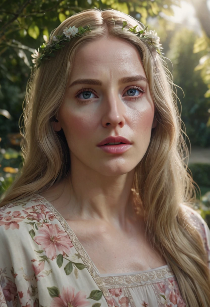 Photorealistic portrait of jesus, woman with long blonde hair in the garden, beautiful detailed eyes, beautiful detailed lips, very detailed face and eyes, Long eyelashes, intricate floral dress, Calm facial expression, daylight, very detailed, 8 k, Photorealistic, hyper detailed, Cinematic lighting, Muted color palette, masterpiece