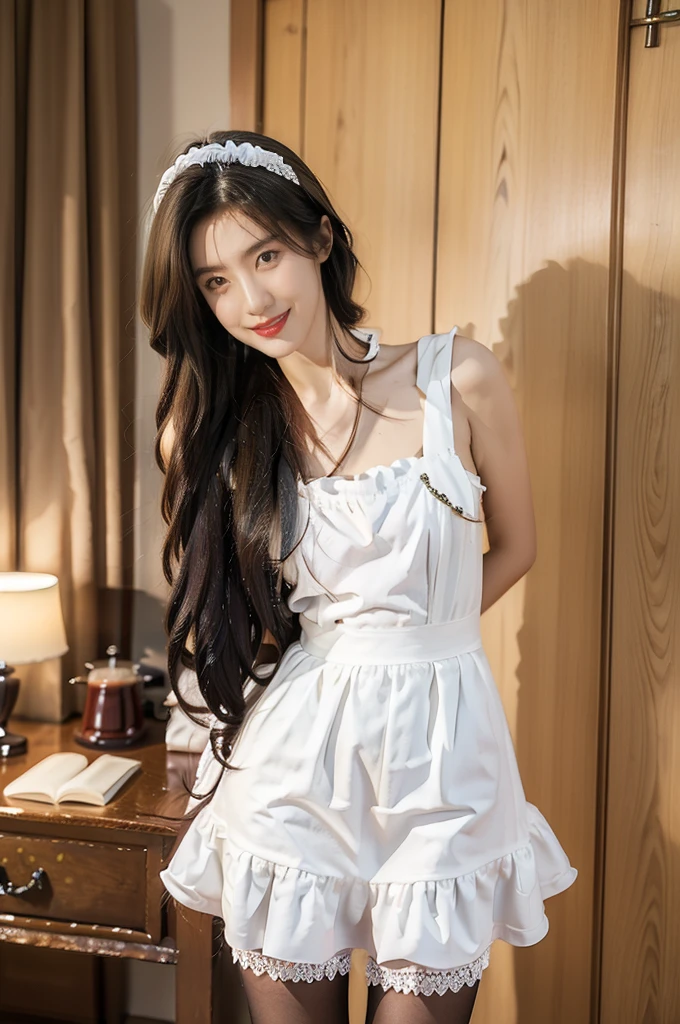 (((best quality))),(((ultra detailed))),(((masterpiece))),illustration,1girl,maid cafe,stunningly beautiful,slim,medium straight bob hair,flat chest,deep captivating eyes,maid costume,lace apron,bare arms,arms behind back,slender legs,pantyhose,graceful movements,confident charm,warm genuine smile,France cafe,sliding paper doors,delicious coffee pastries,warm inviting atmosphere,joyful eyes,Coffee Machine,upper body