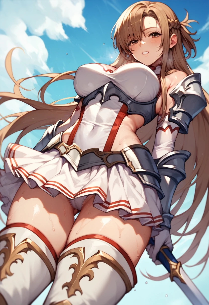 (Asuna 1.5),Brown Hair,Brown eyes,White Armor,shoulder,sweating,Armored Rag Skirt,Long gloves,Thigh-high boots,Princess Blade,Underarm