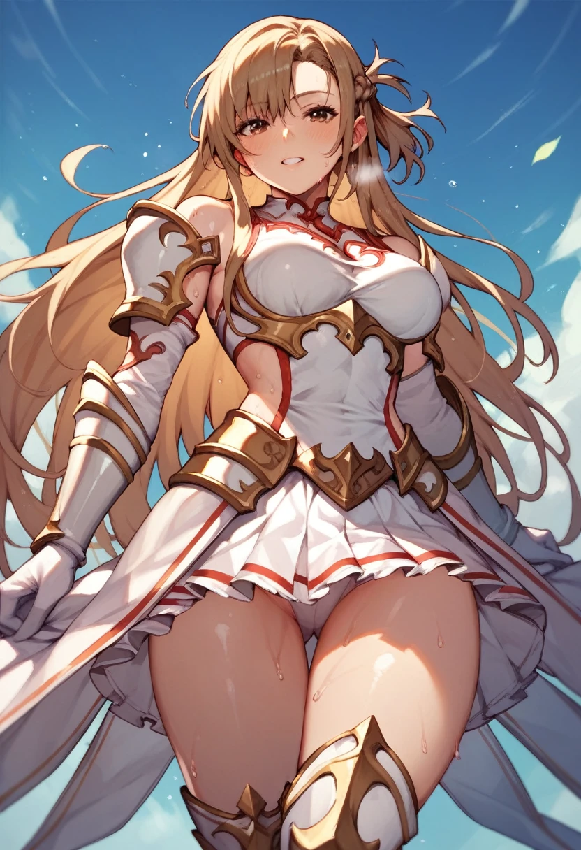 (Asuna 1.5),Brown Hair,Brown eyes,White Armor,shoulder,sweating,Armored Rag Skirt,Long gloves,Thigh-high boots,Princess Blade,Underarm