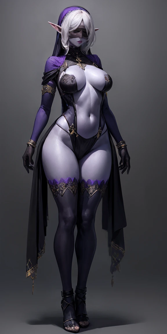 Masterpiece, standing straight symmetrical, full body female drow elf slave wearing an adventurer outfit, black blindfolded, (very purple skin)