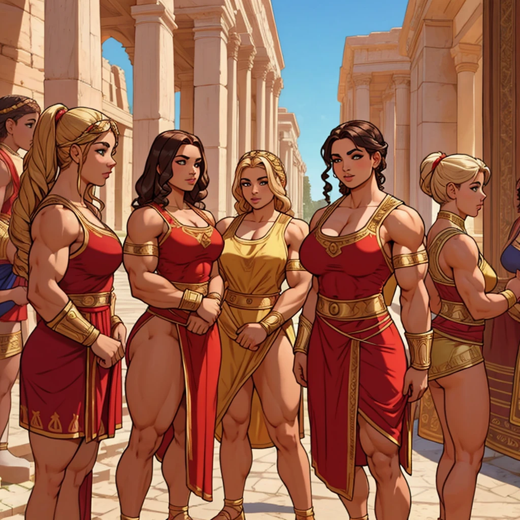 group of young girls in roman attire, young, s, muscular, athletic, buff, attractive, curvy, powerful,