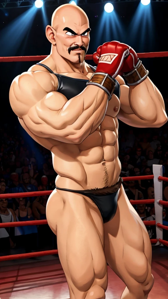 nappa, male focus, solo,cowboy shot, 1boy, bald, muscular male, abs ,black vambraces, veins, pectorals, thighs, black eyes , nipple , mustache, ( micro-thong ) , tail around waist, (best quality, masterpiece) , BDSM , full body , boxing gloves , black boots , strip club stage , blushing face , ashamed face , laying , spread legs