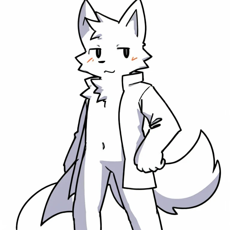 White fur, Wolf, anthro, furry, 独奏, simple art ,male chest,full body,White coat，White coat