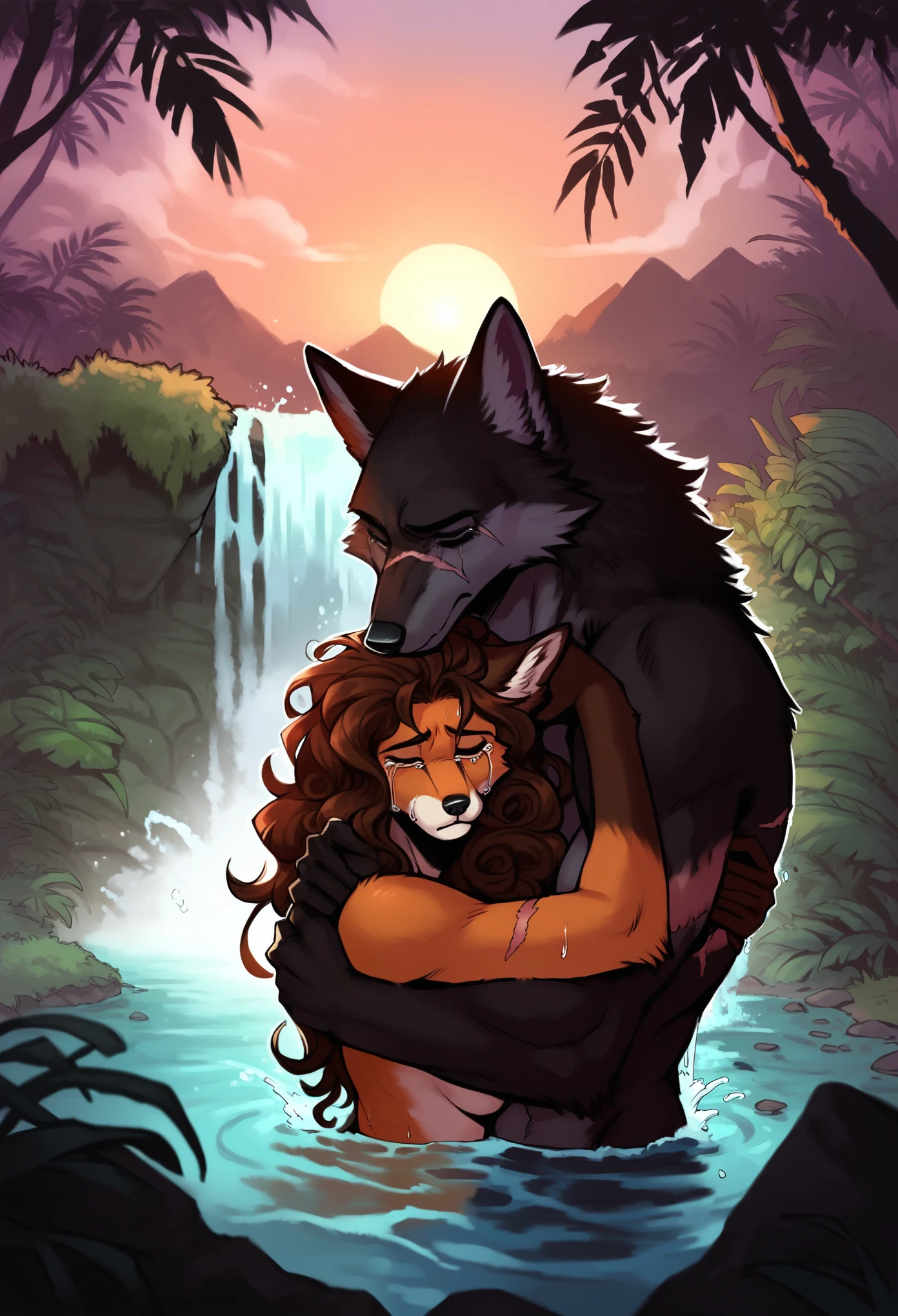 score_9, score_8_up, score_7_up, fox, anthro, female, dark brown fur, chocolate fur, long hair, curly hair, waterfall, mountain, jungle, sunset, bathing, water splashes, dynamic lighting, beautiful, serene, sad, crying, hugging, embracing,
wolf, anthro, male, black fur, ghost, transparent, scars, love, loss, heartbreak, jungle hut
