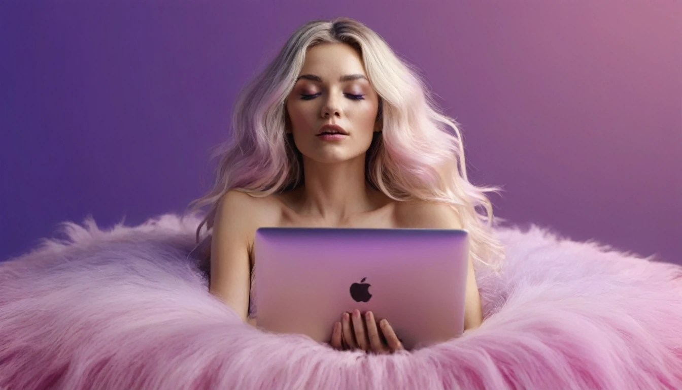 laptop in hands, squirting naked blackhair woman with long hair laying on bed, she holds laptop in her hands, open mouth, glowing with pink and purple colours, hair floating covering chest, wavy hair spread out, she is laying on her back, attractive neck, sensual woman, hands on face, laying on her back, pale skin curly blond hair, sensuality, fashion model face closed eyes, fashion model face, close up of a blonde woman, she is having orgasm, minimalistic, in a light purple and pink style, with soft edges and blurred details, in the toycore style, with a 3D render, on a colorful background, with a minimalist stage design, in a surreal style, with a cinema4D rendering, with a minimalist style, with low saturation, using gradient colors, with a cinema4D rendering, with a blender rendering, with super detail, at a super high resolution, at a super high definition
