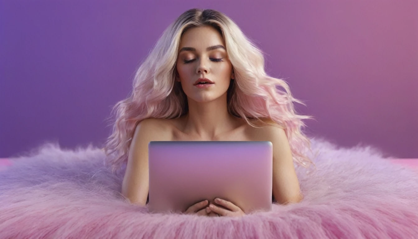 laptop in hands, squirting naked blackhair woman with long hair laying on bed, she holds laptop in her hands, open mouth, glowing with pink and purple colours, hair floating covering chest, wavy hair spread out, she is laying on her back, attractive neck, sensual woman, hands on face, laying on her back, pale skin curly blond hair, sensuality, fashion model face closed eyes, fashion model face, close up of a blonde woman, she is having orgasm, minimalistic, in a light purple and pink style, with soft edges and blurred details, in the toycore style, with a 3D render, on a colorful background, with a minimalist stage design, in a surreal style, with a cinema4D rendering, with a minimalist style, with low saturation, using gradient colors, with a cinema4D rendering, with a blender rendering, with super detail, at a super high resolution, at a super high definition
