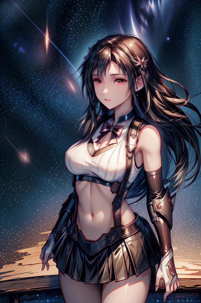 (8K HDR photorealistic pic), Tifa Lockhart, muscular, athletic, cheerful, toned body, (massive breasts), hourglass figure, fighter, long dark hair tied with ribbon at the end, ((Aerith costume)), realistic, seductive, red eyes, soft shadows, (masterpiece), Starry Sky with Mountains and Lake, Jessica Rossier, Inspired by Jessica Rossier, Jessica Rossier Fantasy Art, Concept Art Magic Highlights, Official Artwork, Dream Painting, Ethereal Realm, Atmospheric artwork, dreamy matte paintings, serene endless stars inspired by Ted Nasmith, moonlit starry environments, epic music album covers.