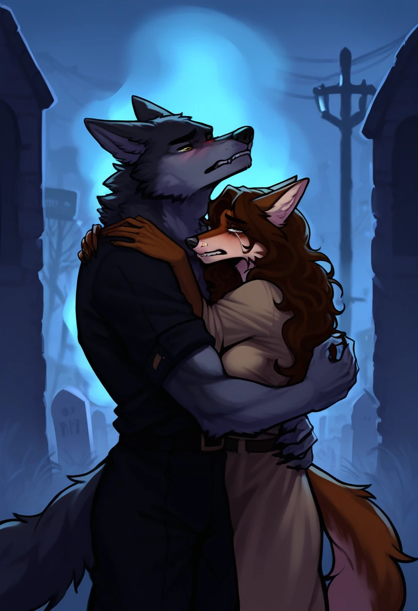 score_9, score_8_up, score_7_up, fox, anthro, female, dark brown fur, long hair, curly hair, graveyard, tombstone, city, night, sadness, grief, crying, hugging, embracing,
((wolf, anthro, male, ghostly, spectral, translucent, semi-transparent:1.5)), military uniform, love, loss, dead husband