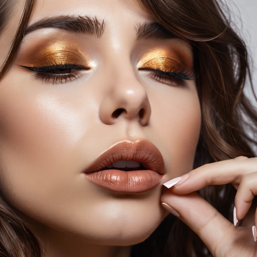 bearded bearded woman, brown hair, amber eyes, kisses the void with her mouth, eyes closed