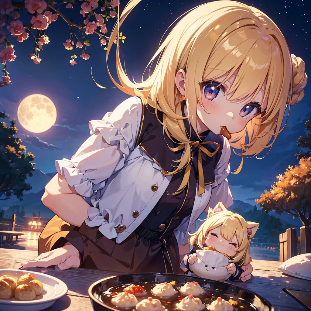 ultra detailed, ultra high res, 64k, Masterpiece, top quality, beautiful eyes in detail, high definition background, bright and beautiful atmosphere, 3 girls (2 years old, 1 short-tempered round face), Chibi (1 child) (hair) , surface effect), color effect), small breasts, blonde hair, decorated with many buns under the full moon, a mini pig on a girl's shoulder, a girl eating dumplings on a plate and looking delicious. A lot of mini pigs staring at the moon, mini pigs stuffing their mouths with dumplings, mini pigs with sleepy faces, deltamon_sdXL:0.73) >Deltamon negative prompt

