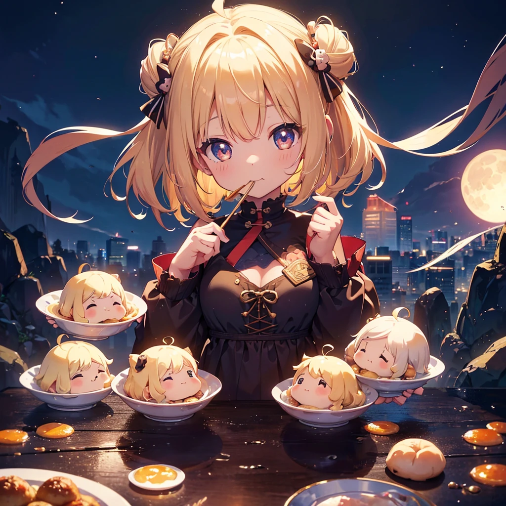 ultra detailed, ultra high res, 64k, Masterpiece, top quality, beautiful eyes in detail, high definition background, bright and beautiful atmosphere, 3 girls (2 years old, 1 short-tempered round face), Chibi (1 child) (hair) , surface effect), color effect), small breasts, blonde hair, decorated with many buns under the full moon, a mini pig on a girl's shoulder, a girl eating dumplings on a plate and looking delicious. A lot of mini pigs staring at the moon, mini pigs stuffing their mouths with dumplings, mini pigs with sleepy faces, deltamon_sdXL:0.73) >Deltamon negative prompt