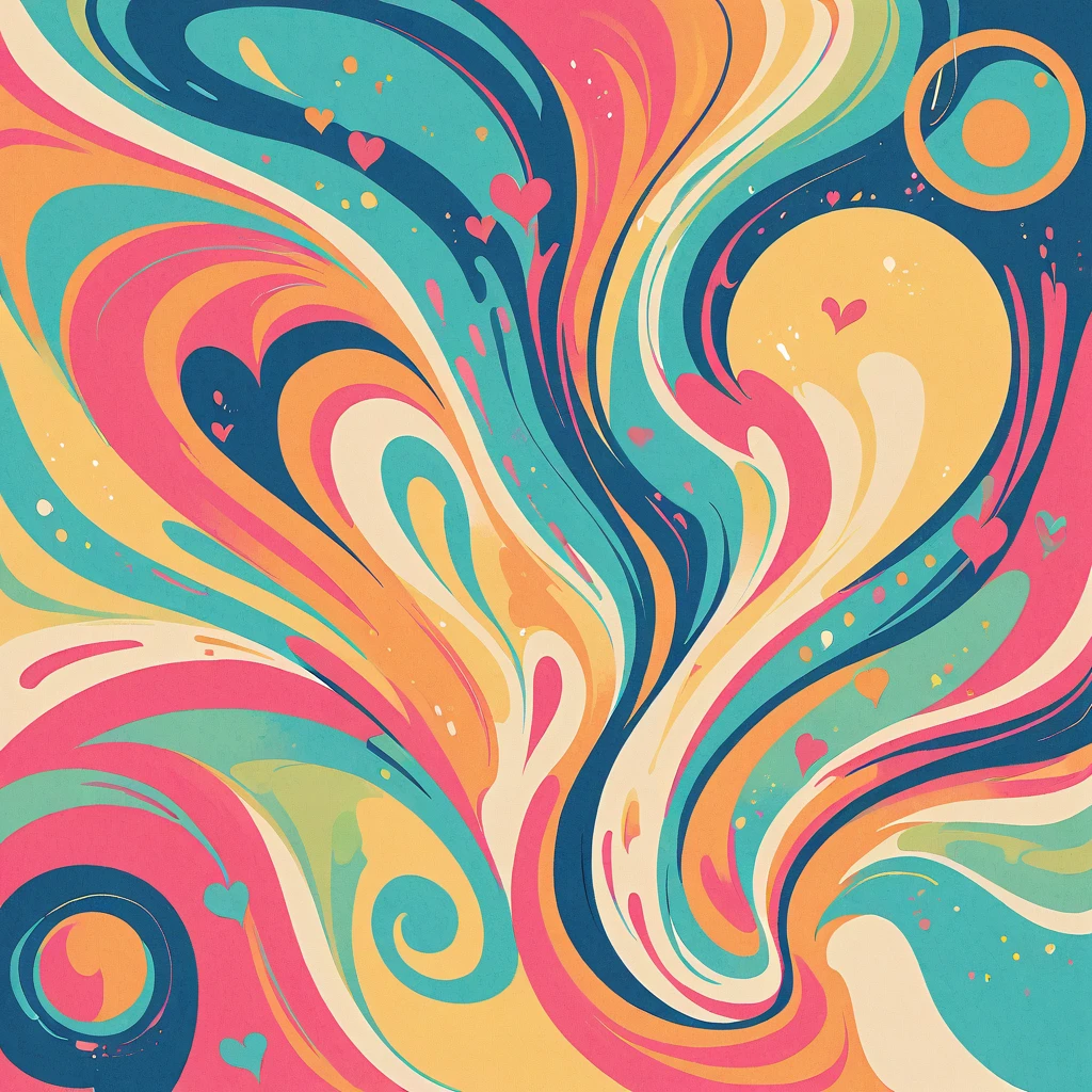 Eri Kamijo style, Simple Line Initialism，Abstract art，Urban Background, colorful hearts ,No people