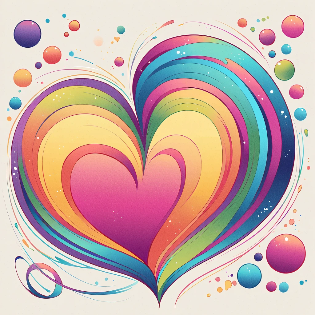 Eri Kamijo style, Simple Line Initialism，Abstract art，Urban Background, colorful hearts ,No people