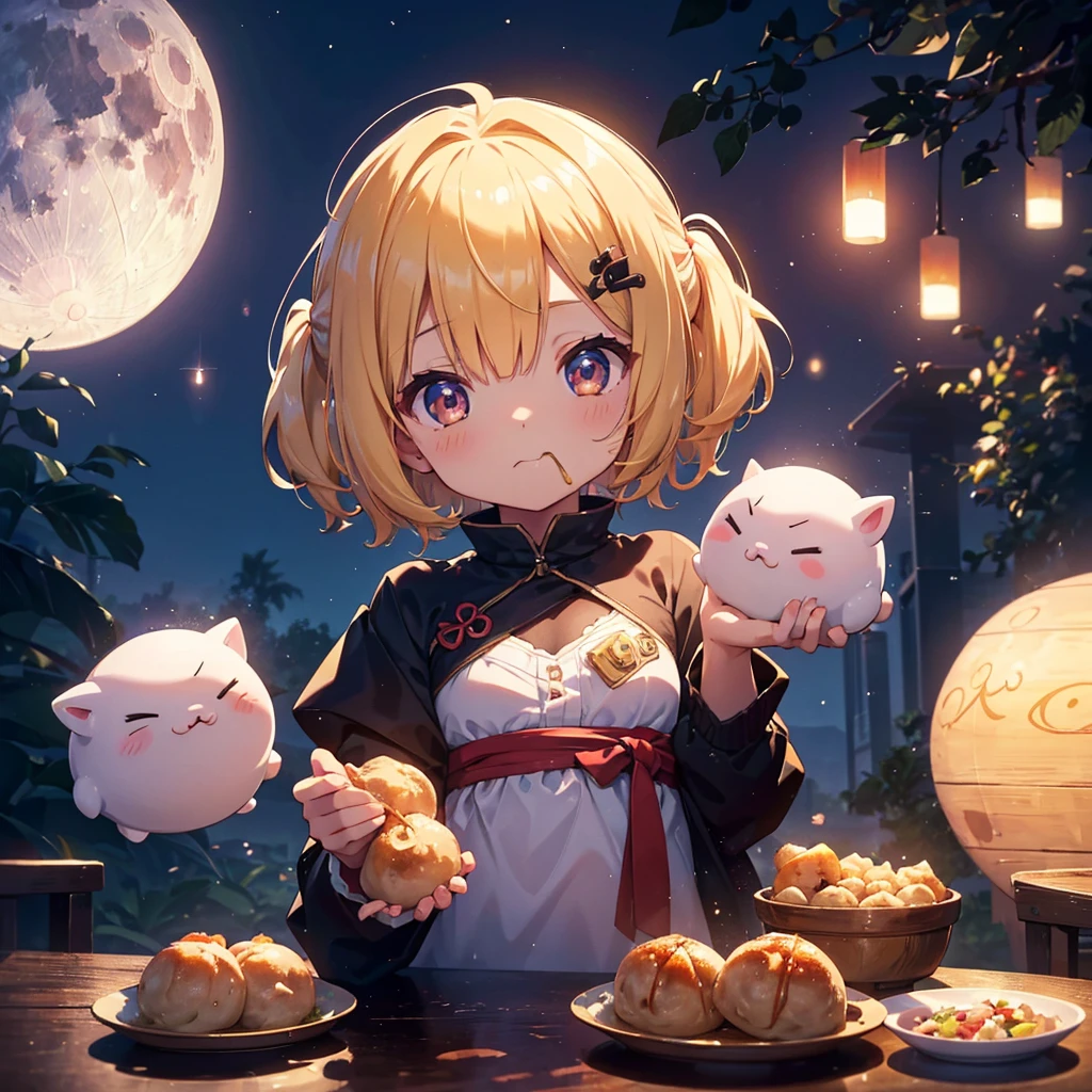 ultra detailed, ultra high res, 64k, Masterpiece, top quality, beautiful eyes in detail, high definition background, bright and beautiful atmosphere, 3 girls (2 , 1 short-tempered round face), Chibi (1 child) (h, surface effect), color effect), small breasts, blonde hair, decorated with many buns under the full moon, a mini pig on a girl's shoulder, a girl eating dumplings on a plate and looking delicious. A lot of mini pigs staring at the moon, mini pigs stuffing their mouths with dumplings, mini pigs with sleepy faces, deltamon_sdXL:0.73) >Deltamon negative prompt