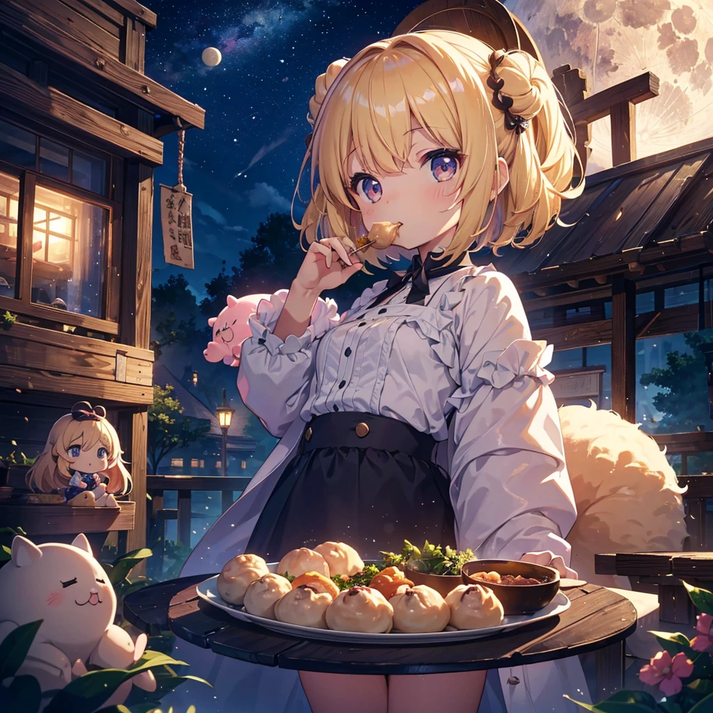 ultra detailed, ultra high res, 64k, Masterpiece, top quality, beautiful eyes in detail, high definition background, bright and beautiful atmosphere, 3 girls (2 , 1 short-tempered round face), Chibi (1 child) (h, surface effect), color effect), small breasts, blonde hair, decorated with many buns under the full moon, a mini pig on a girl's shoulder, a girl eating dumplings on a plate and looking delicious. A lot of mini pigs staring at the moon, mini pigs stuffing their mouths with dumplings, mini pigs with sleepy faces, deltamon_sdXL:0.73) >Deltamon negative prompt