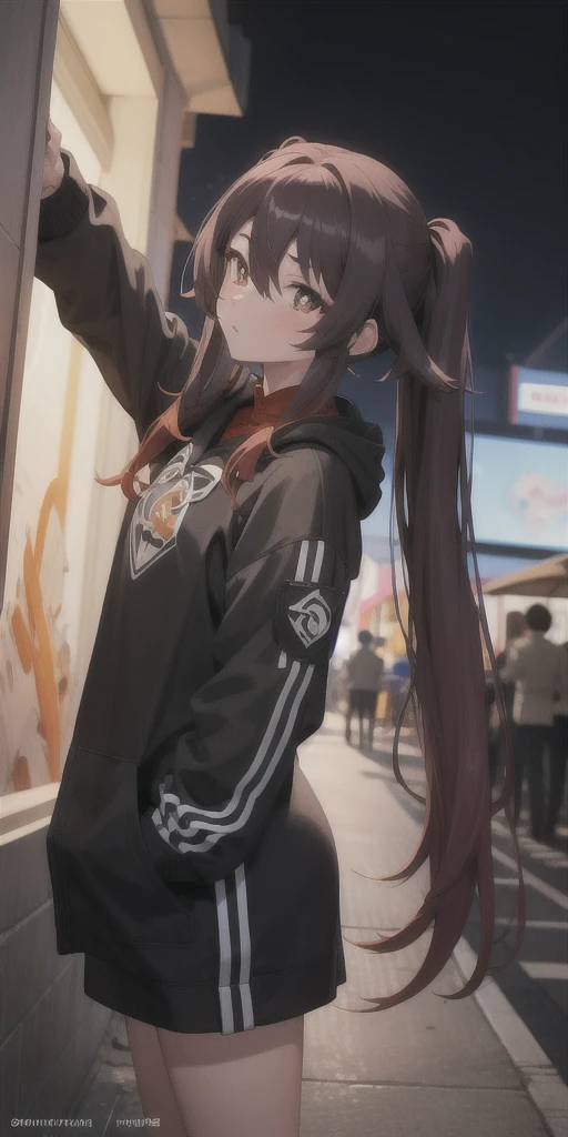 masterpiece, Highest quality, Hu Tao V4, One girl, alone, blush, Twin tails, Long Hair, Hair between the eyes, ((Streetwear)), city, Outdoor, night, Movie Posters, Extremely detailed 8K, Smooth, High resolution, super high quality, Cinema Lighting, Ambient Occlusion, High resolution, 2k, 4K, 8K, 16K, Highly detailed anime, Detailed face, Perfect composition, Wide Shot, Atmospheric lighting,